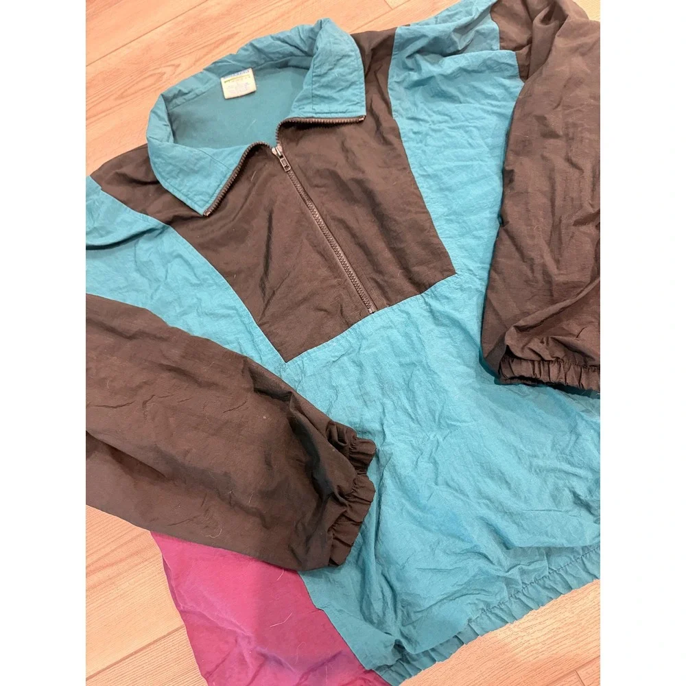 Vintage Cheetah Colorblock Windbreaker Teal Purple Black 1/4 Zip Pullover Large